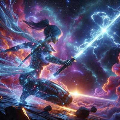 The primary subject of the image is a woman holding a sword, with her legs spread apart. She is wearing a futuristic outfit and appears to be a warrior. The setting is a space environment, with a purple sky and a backdrop of stars. The visual style is digital art, and the colors and mood are futuristic and dramatic.